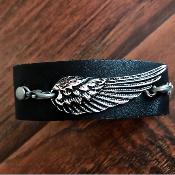Jewelry - Black Leather Cuff Angel Wing Bracelet